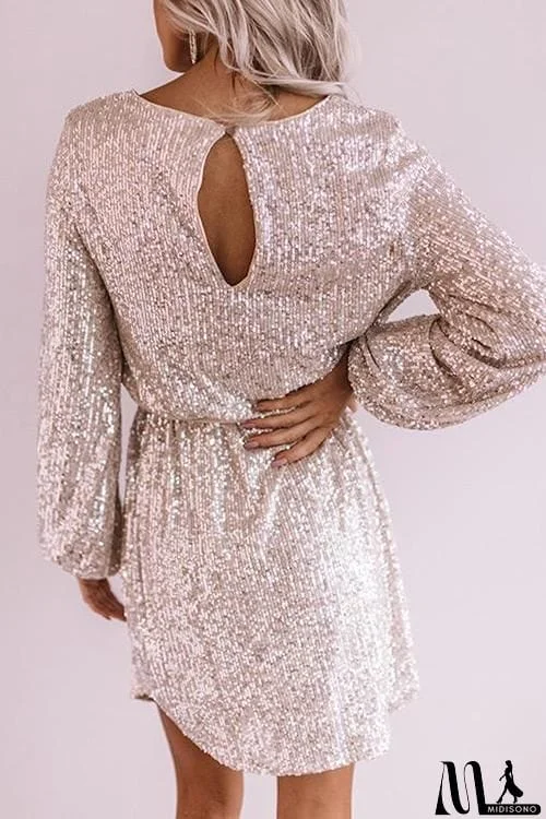 MidiSono - Sequin Belted Long Sleeve Mini Dress