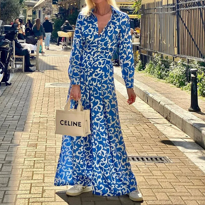 Toloer Toloer Spot 2023 Spring New Women's Temperament Fashion Print Lapel Closed Waist In The Long Dress-Outfit Ideas