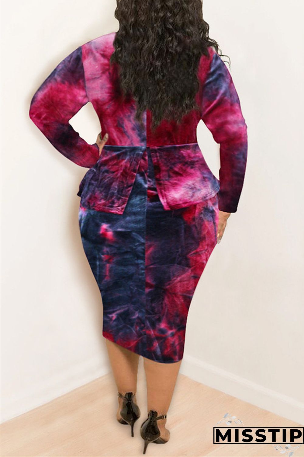 Purple Fashion Casual Plus Size O Neck Long Sleeve Regular Sleeve Print Tie Dye Printed Dress