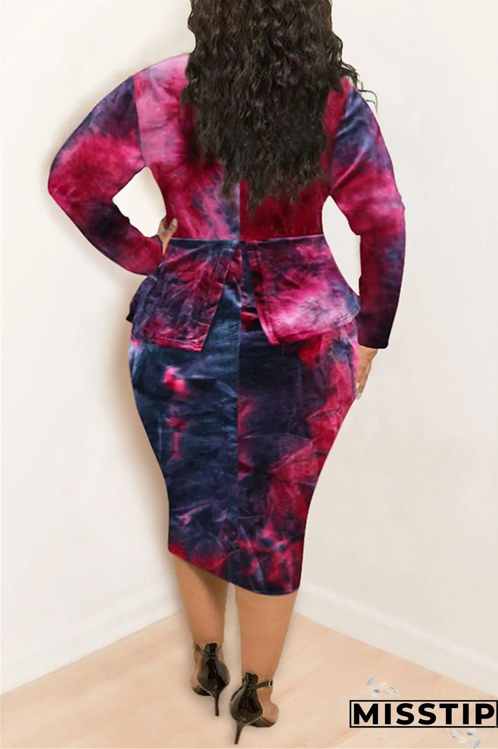 Purple Fashion Casual Plus Size O Neck Long Sleeve Regular Sleeve Print Tie Dye Printed Dress