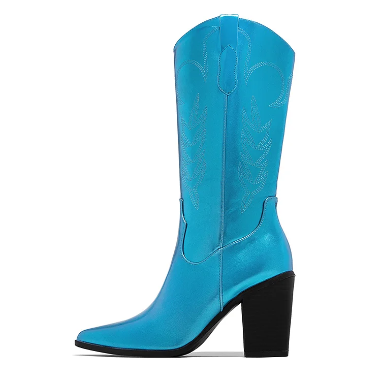 Blue Pointy Toe Chunky Heel Shoes Classic Patent Calf Booties Vdcoo