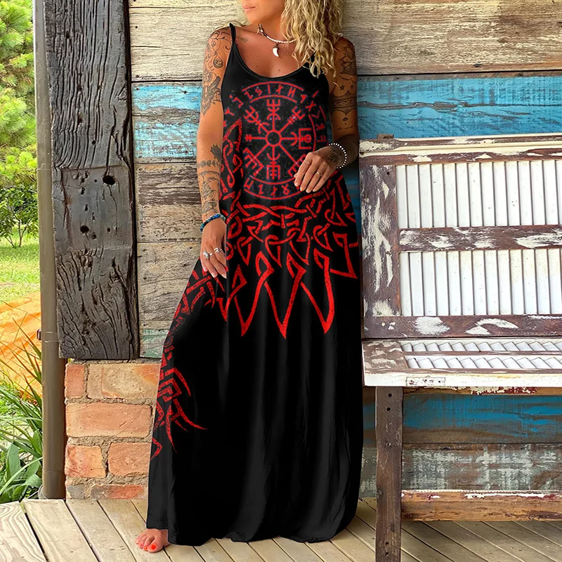 Viking Compass Feather Contrast Print Suspender Maxi Dress