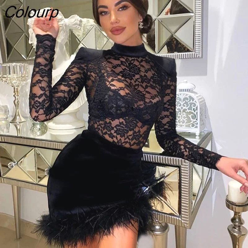 Colourp Autumn Patchwork Feather Sexy Y2K Clothes Long Sleeve O-Neck Bodycon Mini Dresses For Women Club Party Elegant Outfits