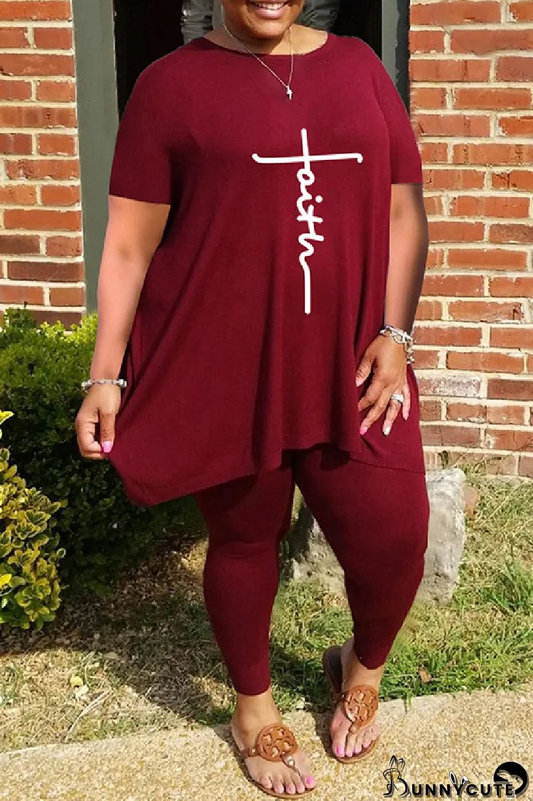 Burgundy Casual Print Basic O Neck Plus Size Two Pieces