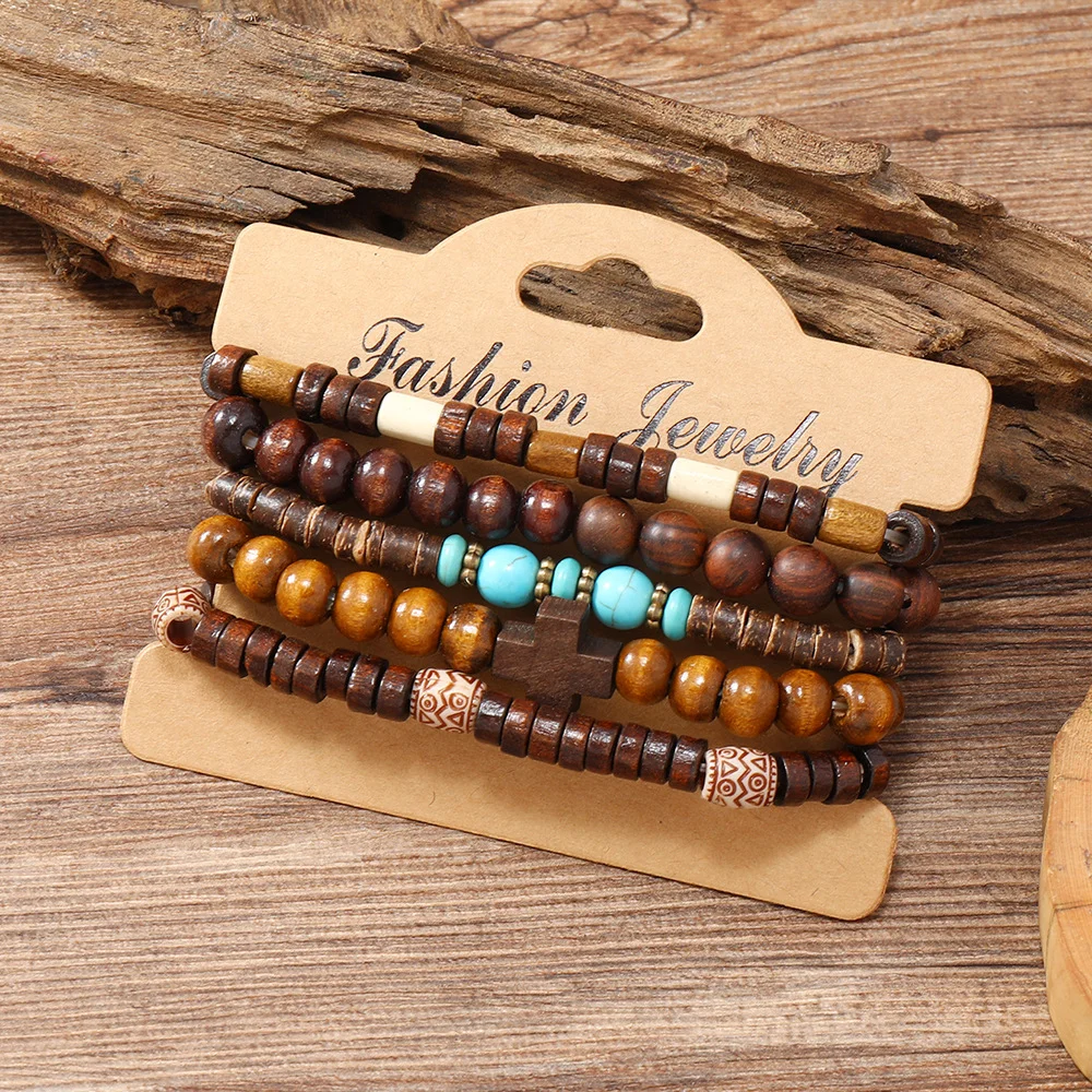 Men's Vintage Cross Multi-layered Wooden Bead Bracelet-inspireuse