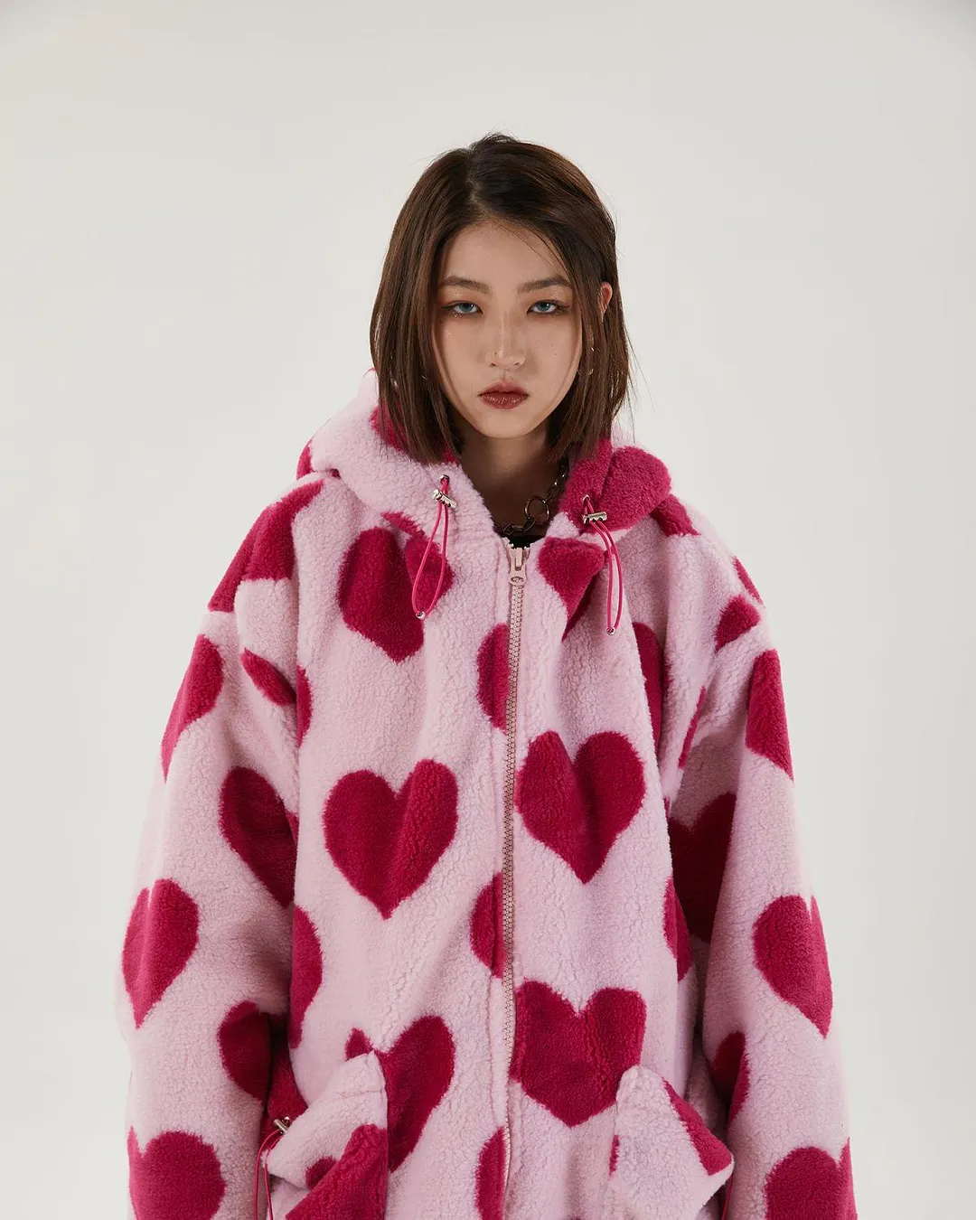 Brownm Heart Pattern Hooded Jacket