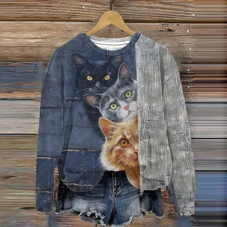 Comstylish Women's Three Cats Print Casual Sweatshirt