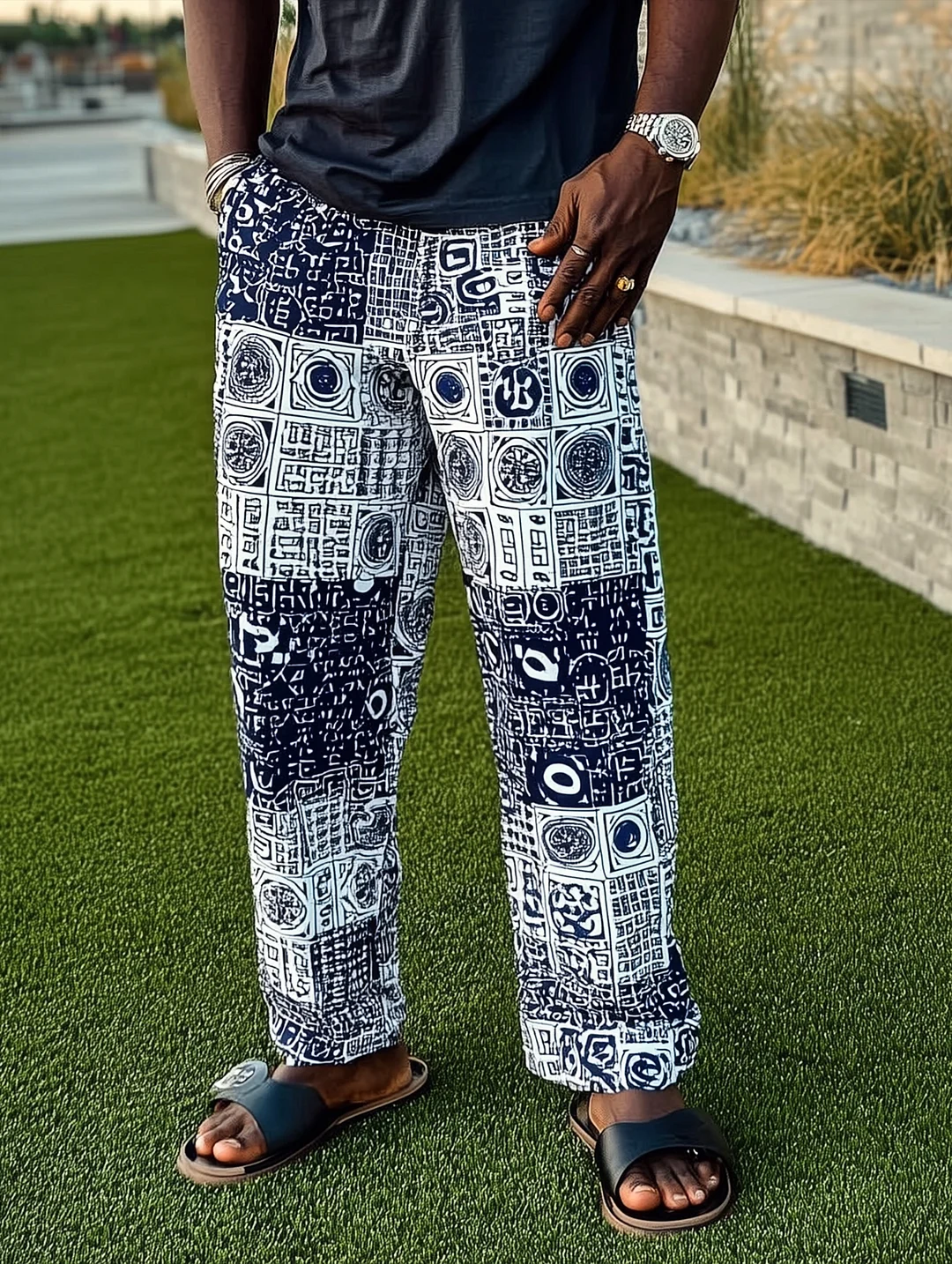 Men's dynamic African print wide-leg Blue and White  Print pants-INSPIREUSE