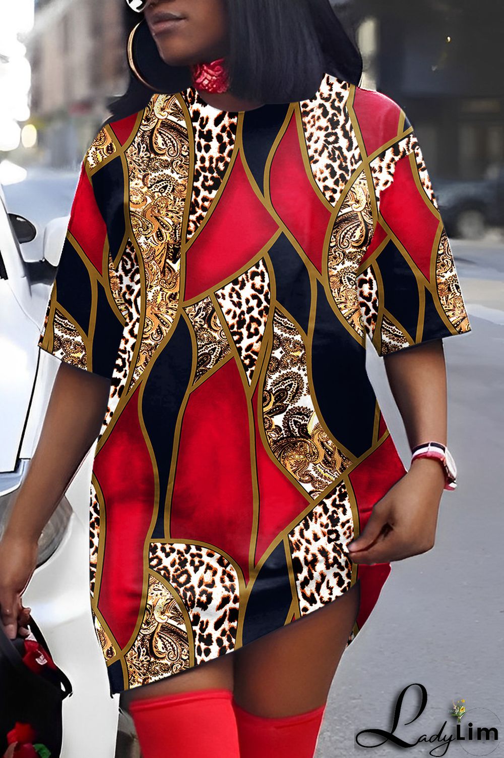 Yellow Casual Print Patchwork V Neck Short Sleeve Dress