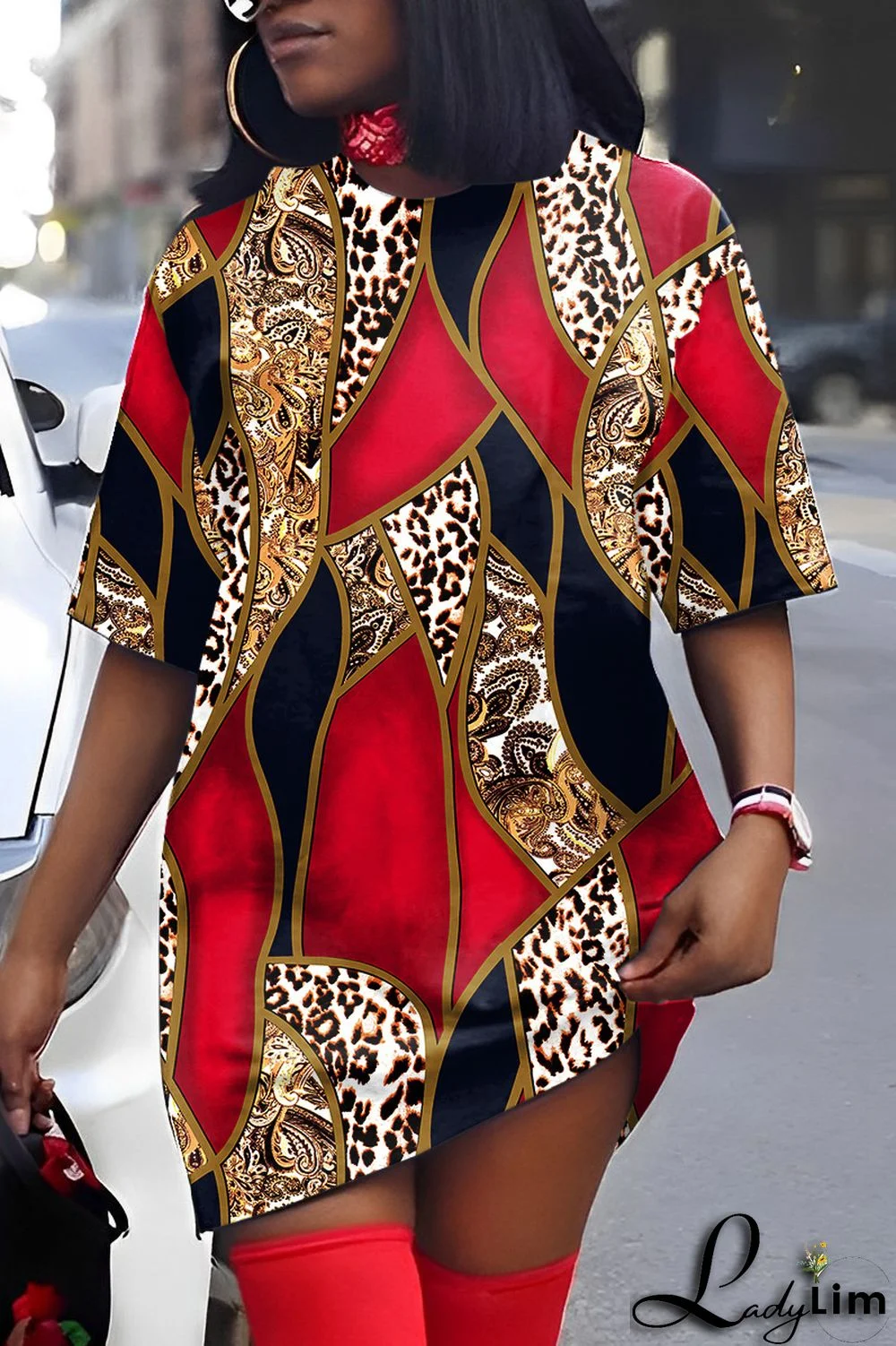 Yellow Casual Print Patchwork V Neck Short Sleeve Dress