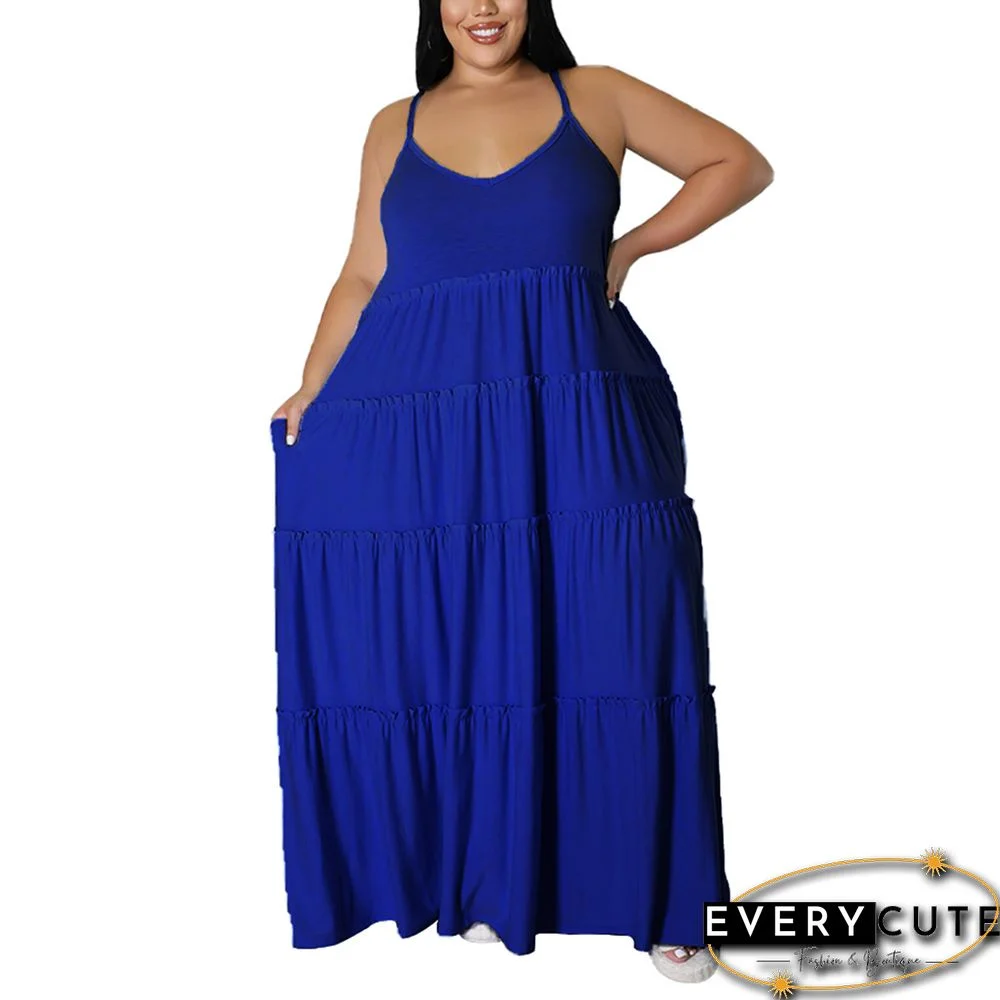 Blue Pocket Casual Plus Size Long Dress