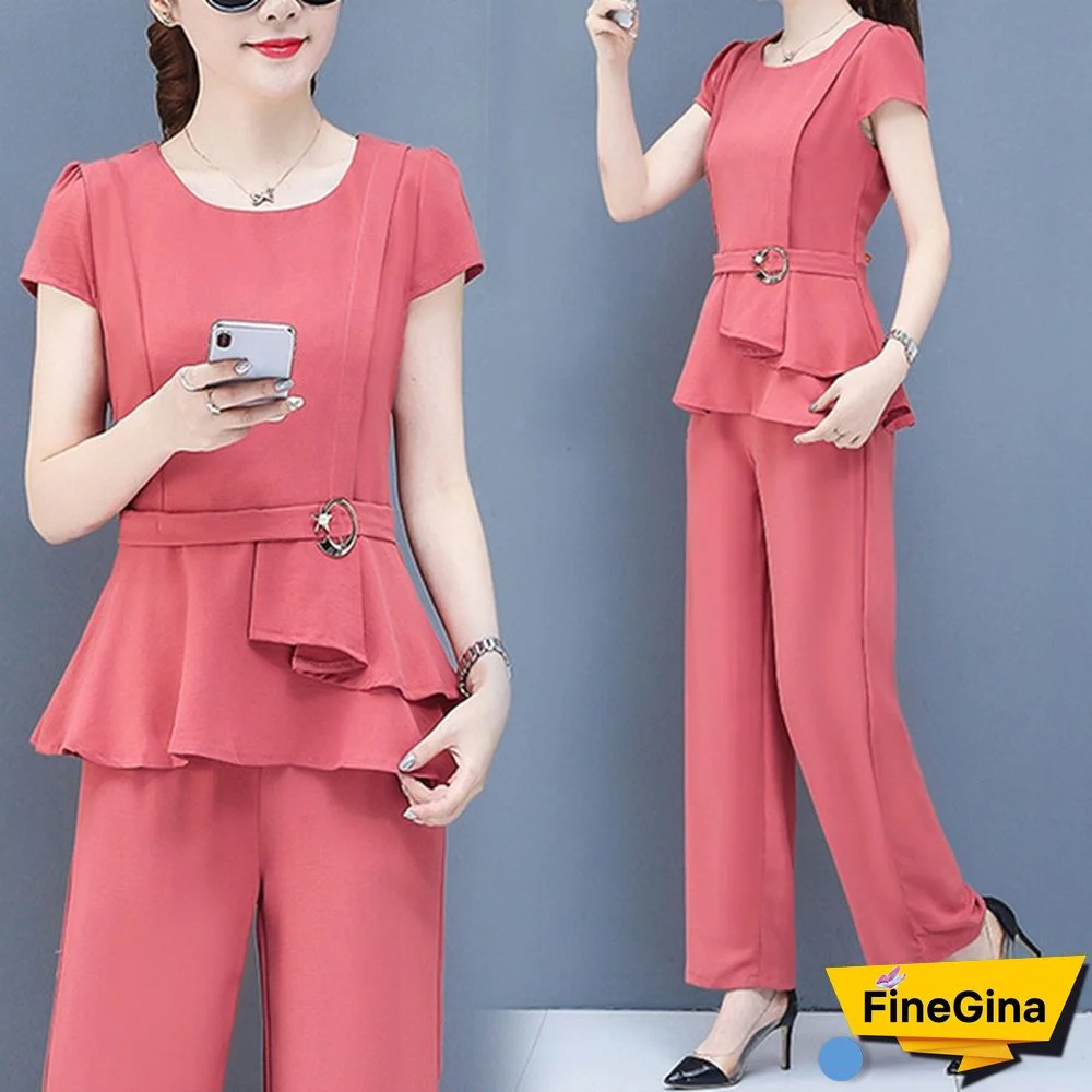 Summer 2 Two Piece Sets Outfits Women Plus Size Short Sleeve Tunics Tops And Pants Suits Office Elegant Korean Sets