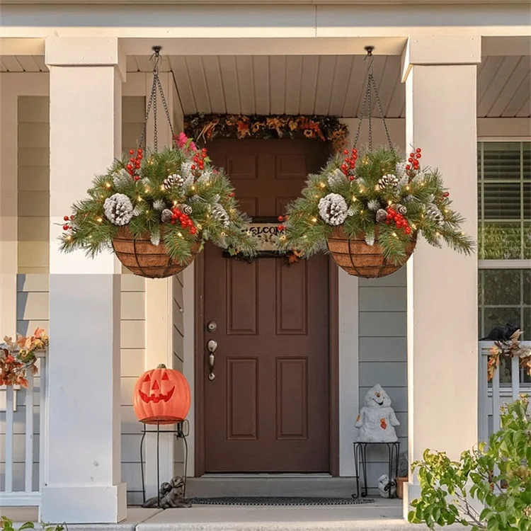 🎄 Pre-lit Artificial Christmas Hanging Basket - Flocked with Mixed Decorations and White LED Lights - Frosted Berry