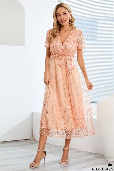 Sequin Leaf Embroidery Tie Front Short Sleeve Dress