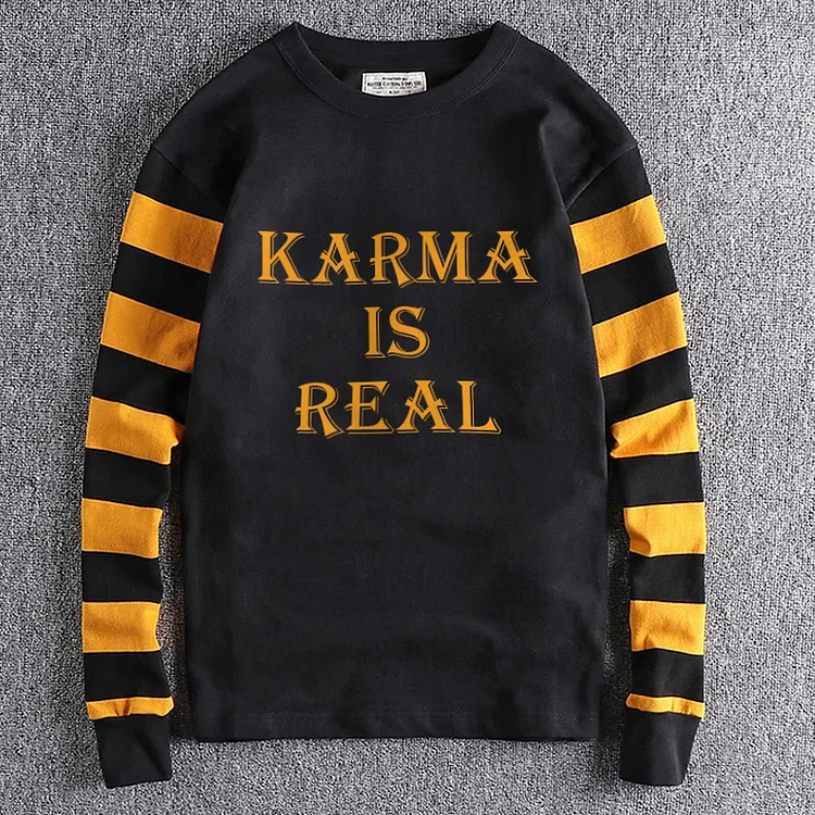 Retro Contrast Striped Karma Is Real Printed T-Shirt