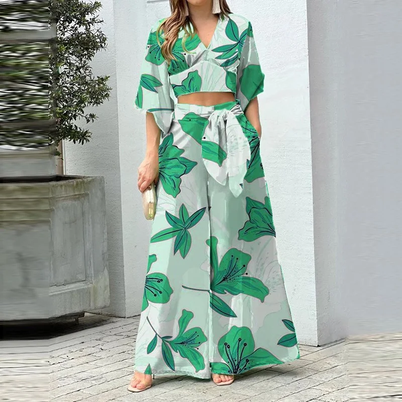 Brownm Brownm Women's V-Neck Lantern Sleeve Short Long Sleeve Top Wide Leg Pants Fashion Casual Suit Women