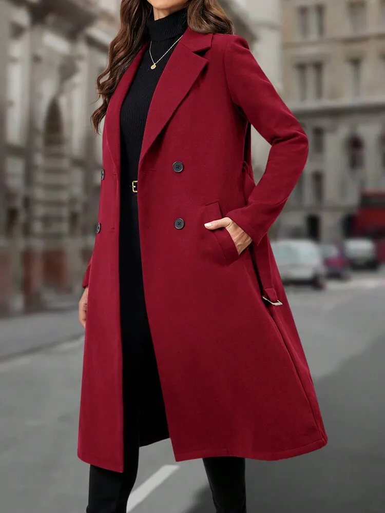 Women's Solid Color Notched Collar Long Sleeve Pocket Elegant Wool Blend Coat, Autumn/Winter