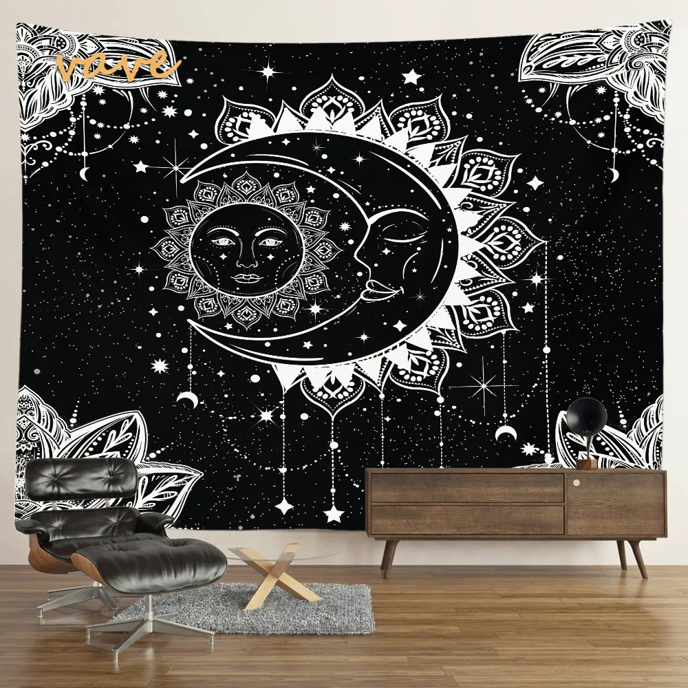 Nigikala Mandala Tapestry Sun And Moon White Black Cloth Fabric Large Tapestry Wall Hanging Boho Hippie Aesthetic Dorm Room Decor
