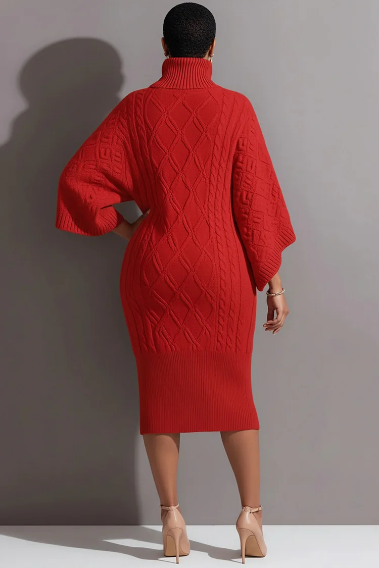 Xpluswear Design Plus Size Business Casual Red High Collar Flare Long Sleeve  Bodycon Elegant Crochet Midi Dresses - Xpluswear.com