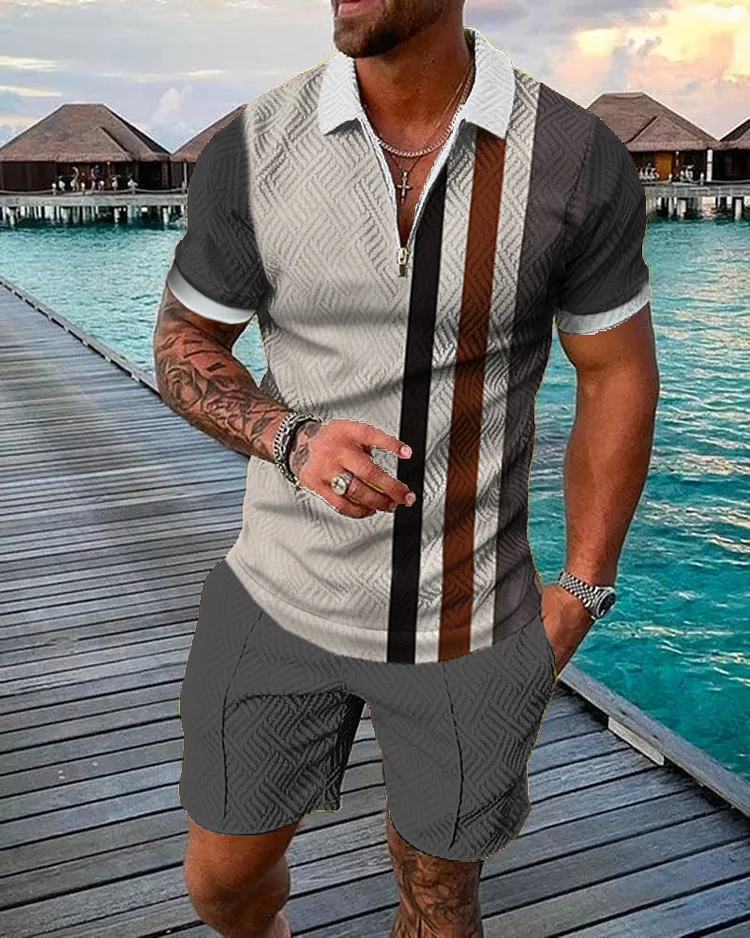 Men's Fashion Vacation Contrast Color Stripe Printed Polo Suit