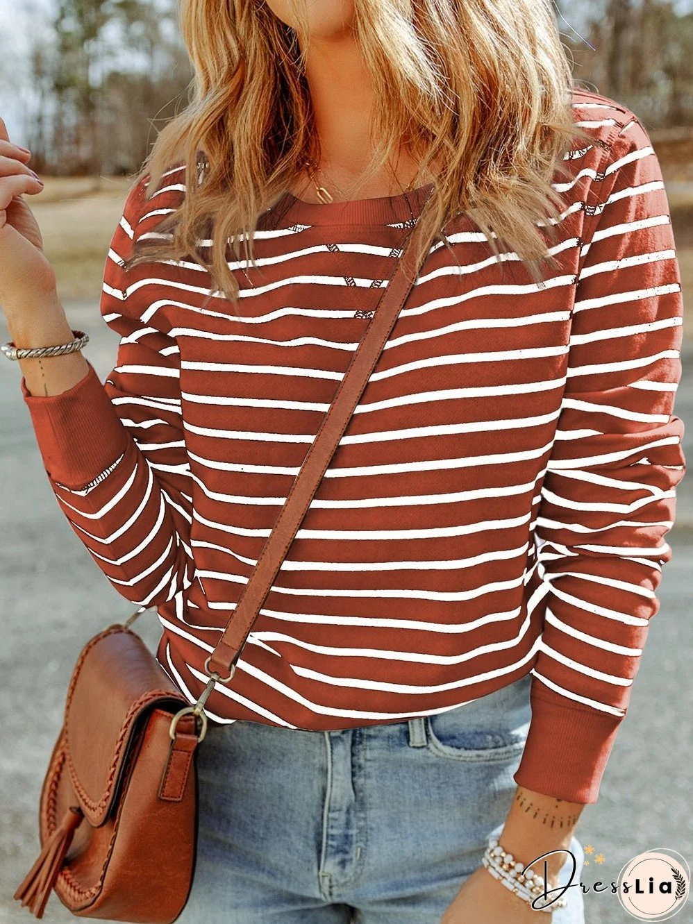Chic Red Striped Long Sleeve Top with Ribbed Details