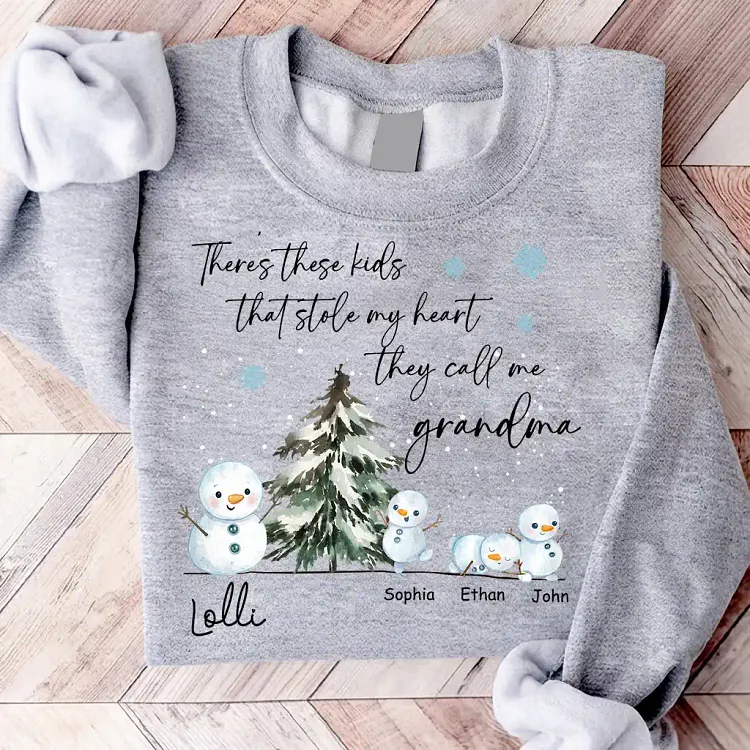 Personalized There&rsquo;s these kids that stole my heart, They call me Grandma Christmas Sweatshirt, Custom Kids Names, Snowman Sweatshirt, Christmas Gift for Grandma
