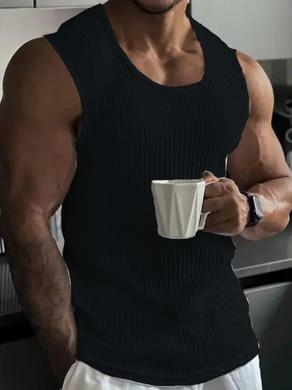 Men's Ribbed Knit Textured Casual Plain Round Neck Tank Top