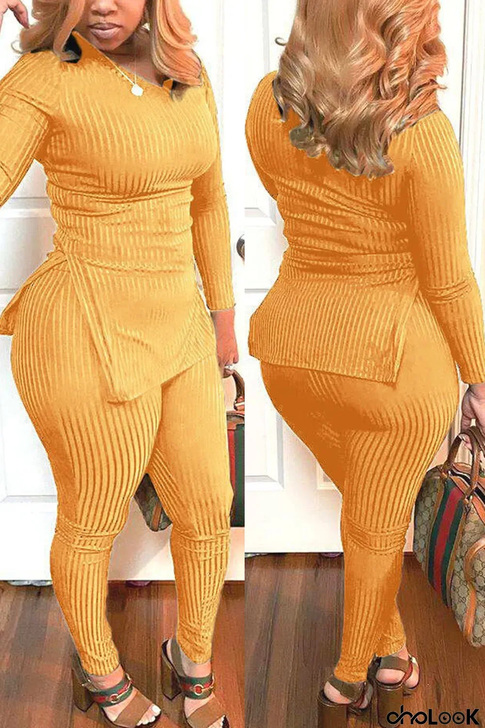 Yellow Fashion Casual Solid Basic V Neck Long Sleeve Two Pieces