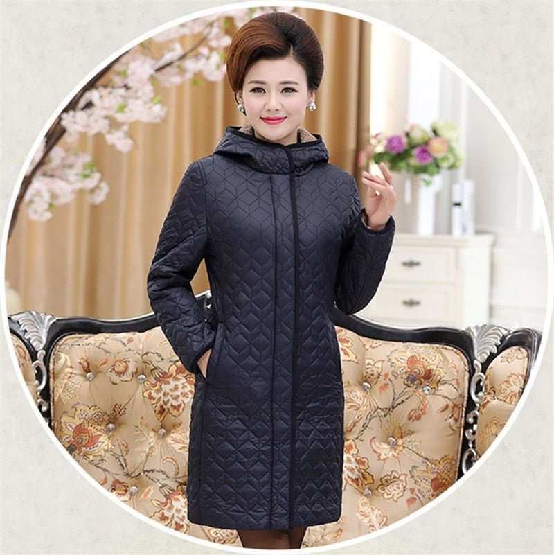 Middle aged Female Cotton Jacket Flocking Coat New Fashion Hooded Thick Warm Cotton Costume Plus Size Loose Outerwear OKXGNZ 985