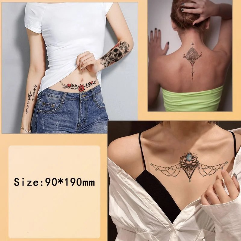New Temporary Tatoo for Women Sexy Chest Waist Stickers Clavicle Big FakeTattoo Art Deco Beauty Scar Waterproof Tattoo Stickers