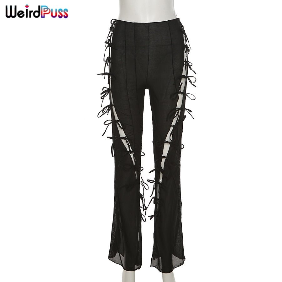 Weird Puss High Waist Flare Pants Women Sexy Mesh Hollow Side Bandage Summer Trend Soft Stretchy Streetwear Striped Trousers