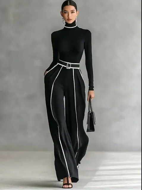 Women's White Trimmed Turtleneck Long Sleeve Top Wide Leg Pants Belt Two-Piece Set