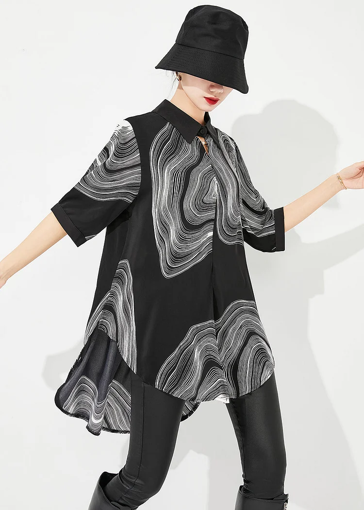 4.29Modern Black Print Low High Design Draping Chiffon Blouse Tops Summer