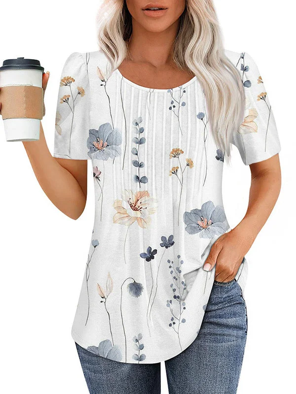 Women's Short Sleeve Scoop Neck Floral Printed Graphic Tops
