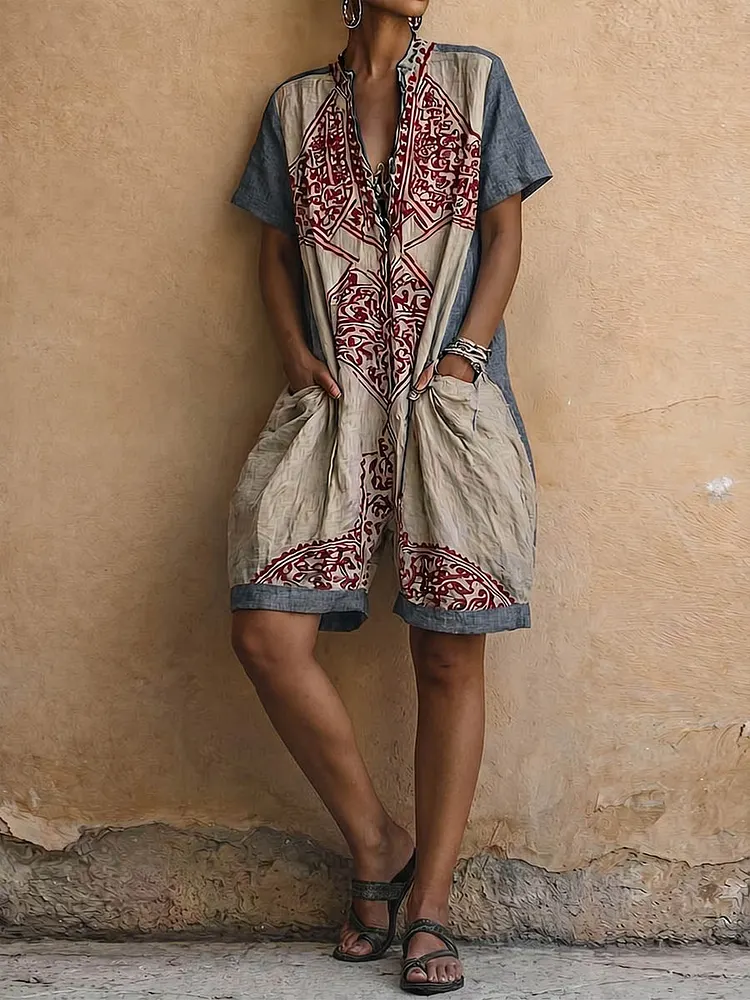 Women's Retro-print V-neck Short-sleeve Jumpsuit &mdash; Loose-fit Cotton-linen Wide-leg Casual Romper