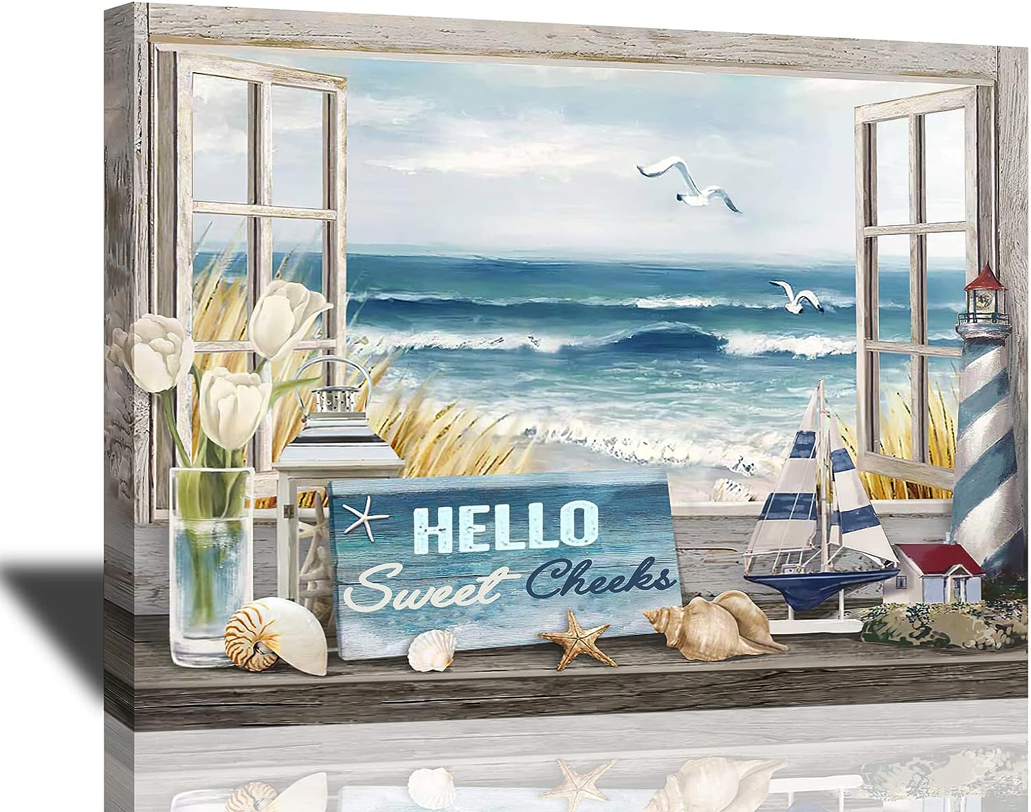 Tijuboni Rustic Bathroom Decor Wall Art Beach Ocean Coastal Canvas Prints Painting Flower Lighthouse Sailboat Seashell Pictures Country Framed Artwork for Living Room Bedroom 16 inch x12 inch  16&#034;x12&#034;