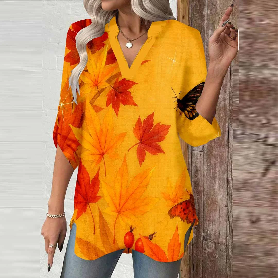 Women Leaf,Yellow,Butterfly DZGA0727 3/4 Sleeve V-neck Printed Graphic Button Tops