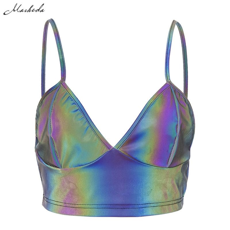 Macheda Fashion Colorful Reflective Deep V Neck Camis Women Bright Sports Casual Slim Tanks Harajuku Bra Tops 2019 New
