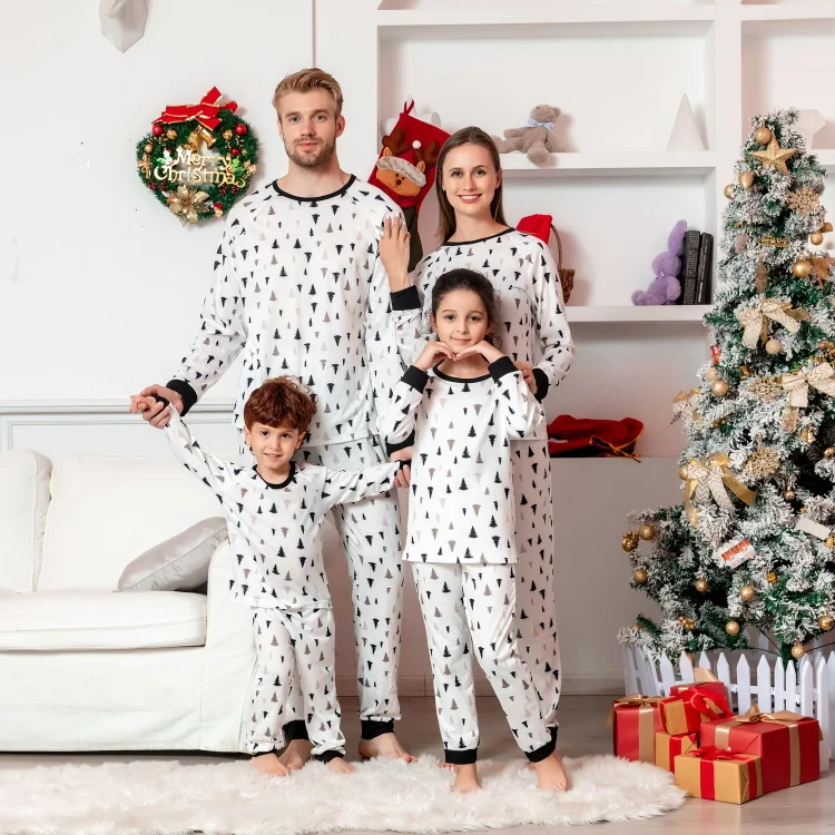 2023 Christmas Family Matching Pajamas Set Xmas Tree Black & White Print Sleepwear