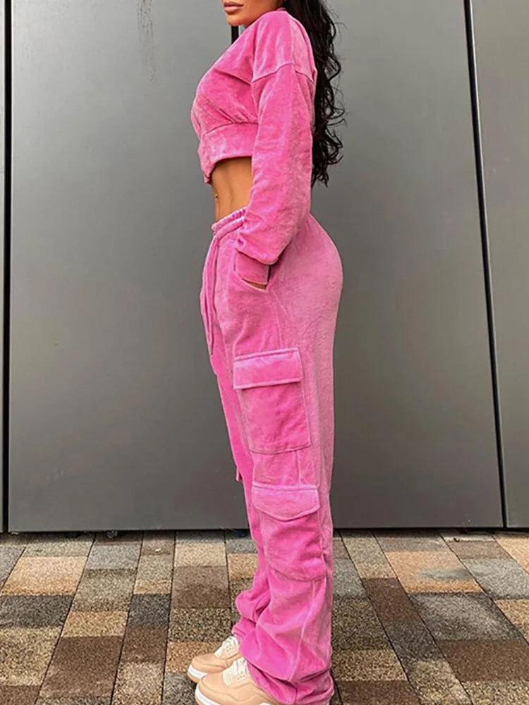 Zingj Y2K Aesthetics Hot Pink Velour 2 Piece Sets 2000s Vintage Zip Up ...