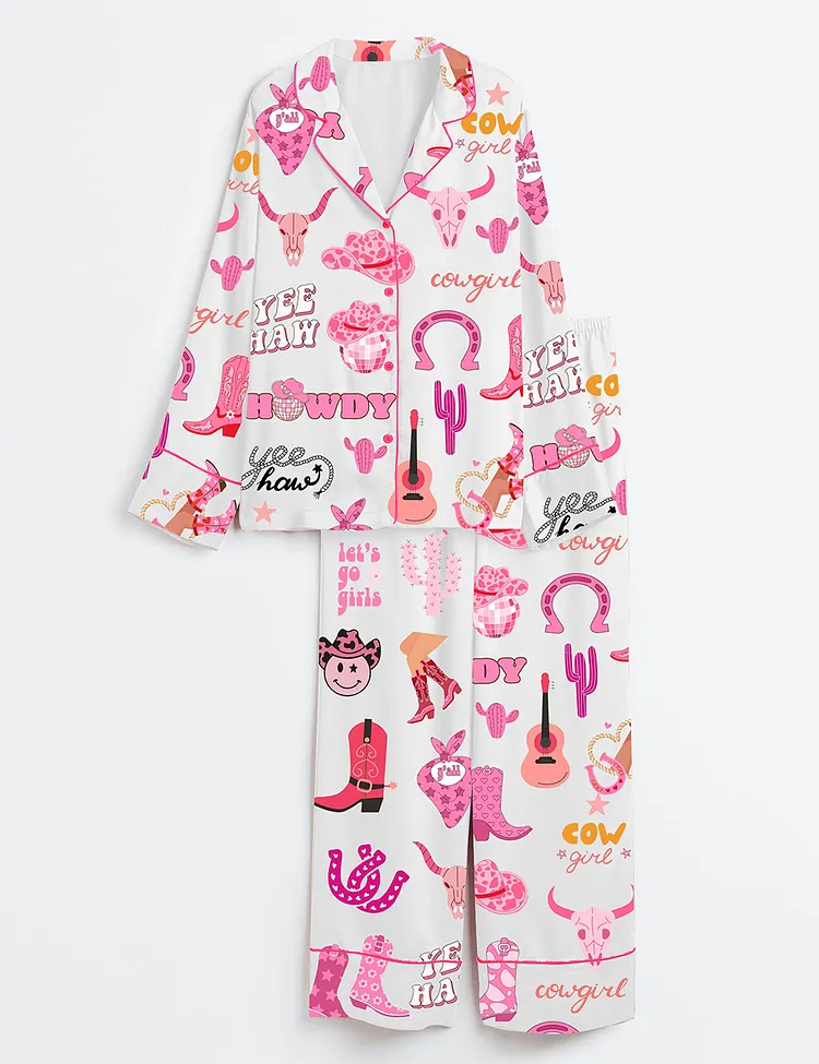 Women&rsquo;s Cowgirl Boots Let's Go Disco Cowgirl Western Cow Skull Print Long Sleeve Satin Pajama Set