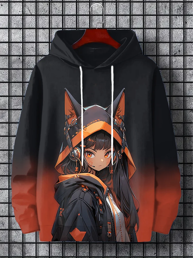 Men's Cyberpunk Dark Cat Ear Girl Anime Print Ombre Hoodie