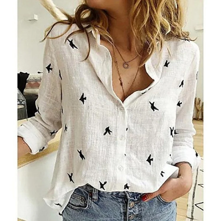 Casual Long Sleeve Birds Print Loose Shirts Women Cotton and Linen Blouses and Tops