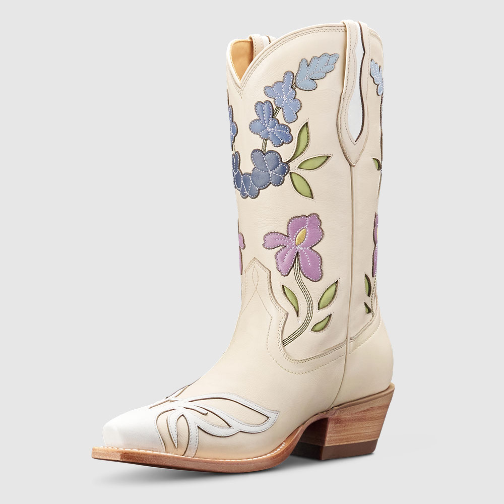 Beige Snip Toe Butterfly & Floral Inlay Mid Calf Cowgirl Boots Nicepairs