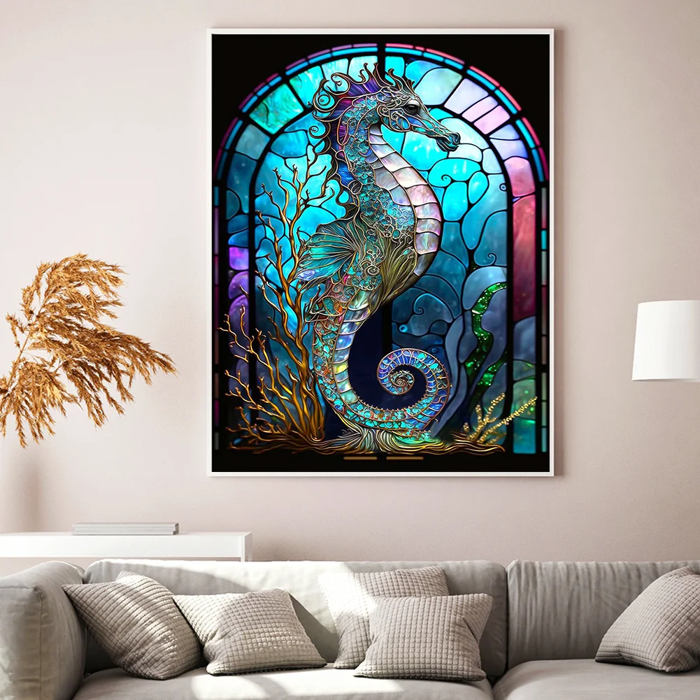 14CT Full Stamped Cross Stitch - Stained Glass Hippocampus(Canvas|50*65CM)