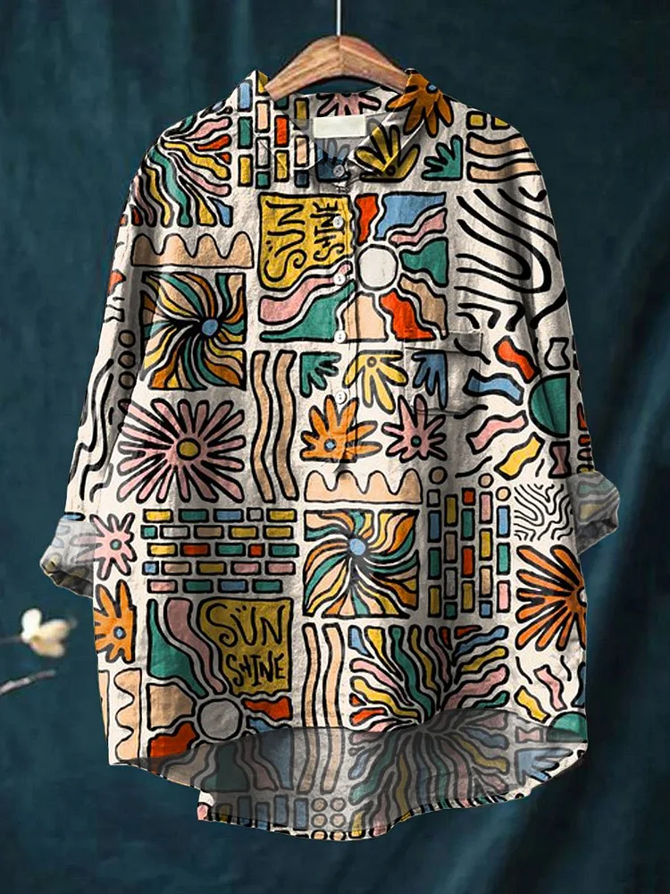 Vintage Geometric Floral Pattern Art Print Casual Cotton And Linen Shirt