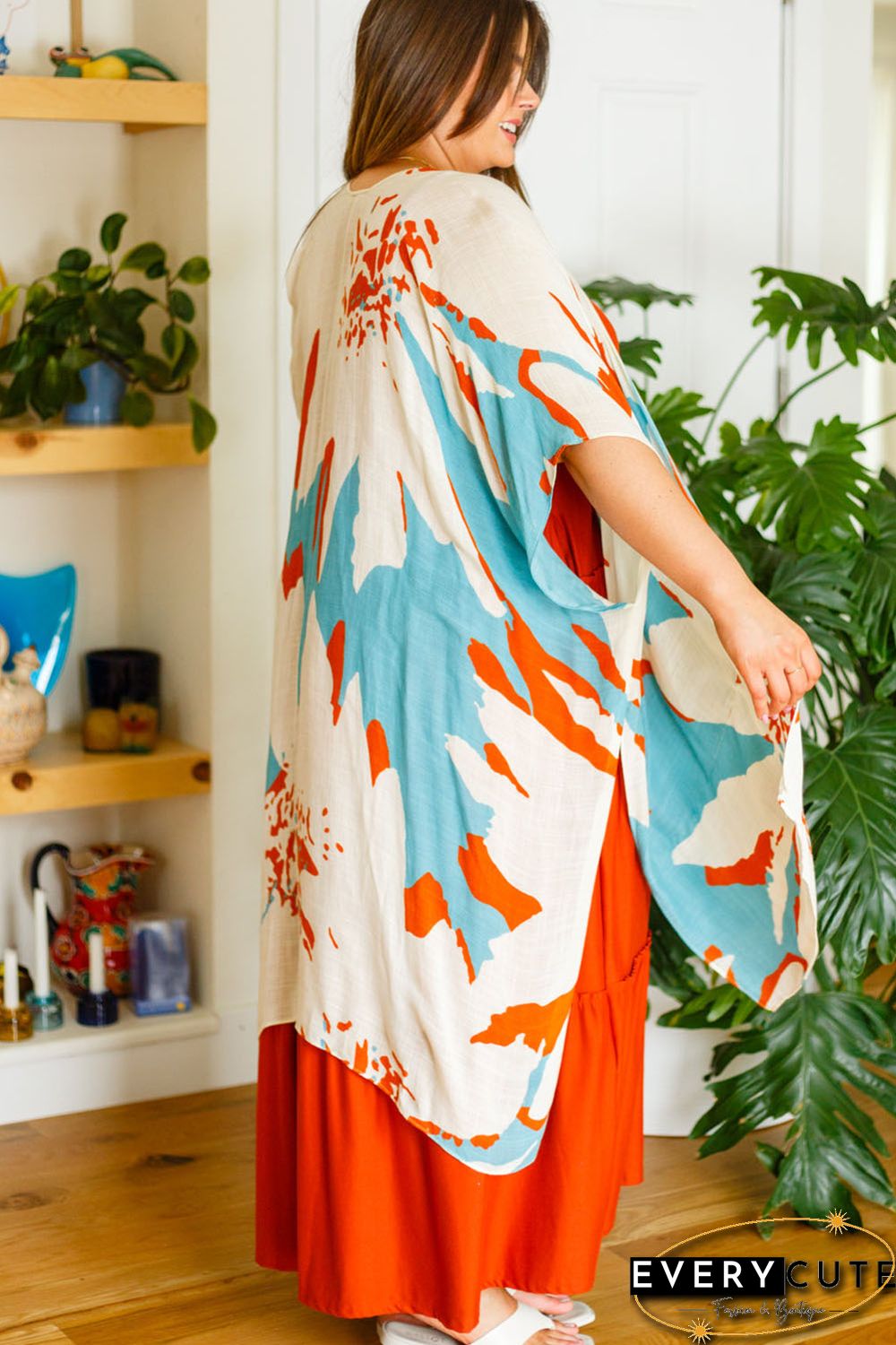 Sky Blue Plus Size Abstract Print Sweeping Kimono
