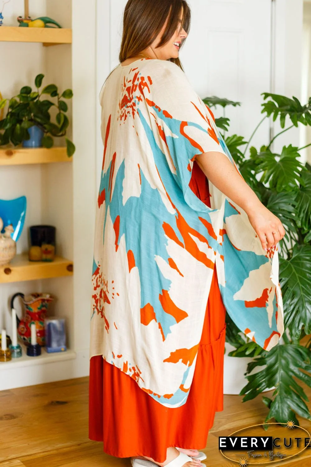 Sky Blue Plus Size Abstract Print Sweeping Kimono
