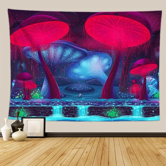 Psychedelic Mushroom Wall Hanging Boho Decor Wall Tapestry  Waves Hippie Wall Hanging Galaxy for Bedroom Living Room Decor 95X73