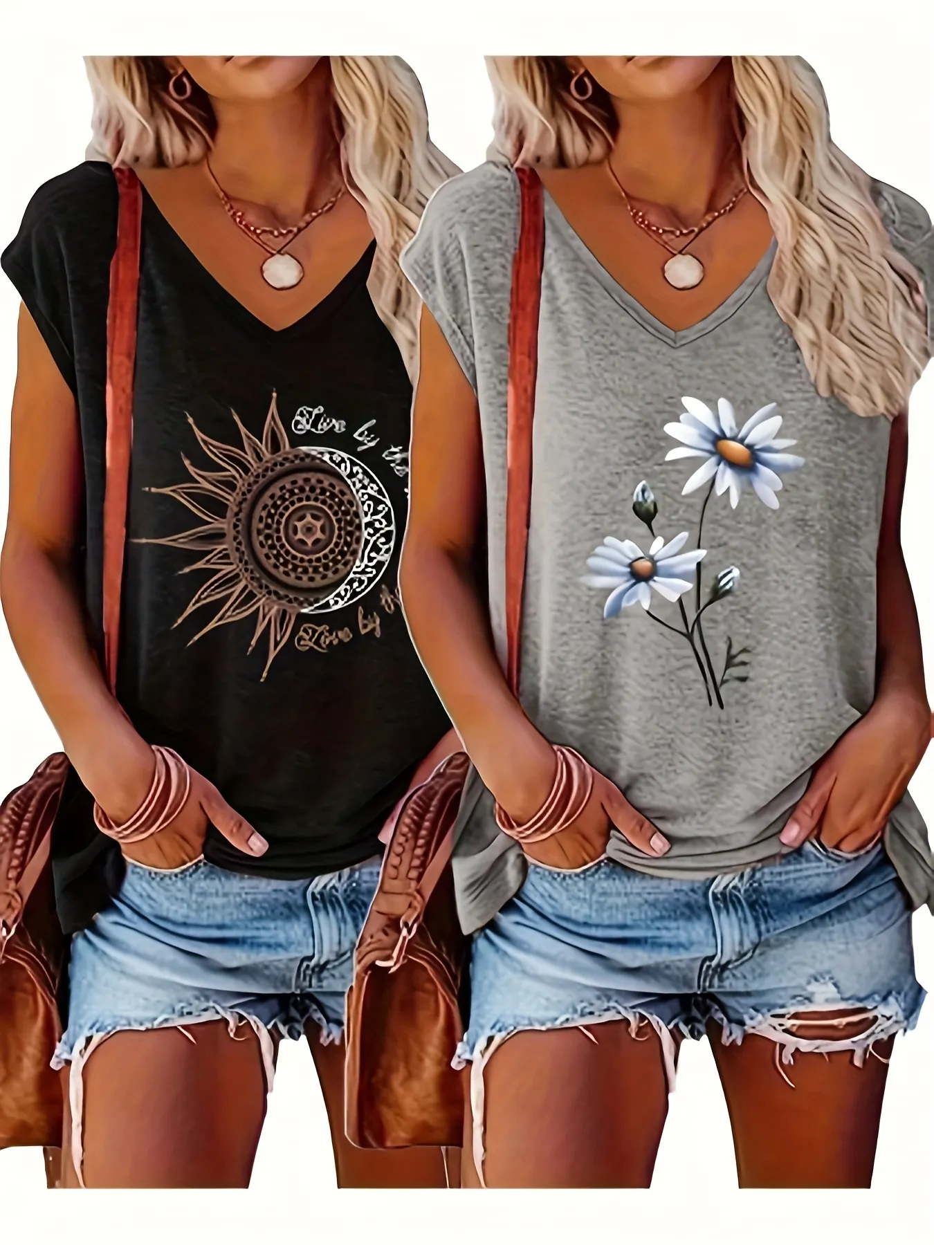 2pcs Womens Casual V-Neck Short Sleeve T-Shirts Geometric Floral Print Summer Tops | IFYHOME